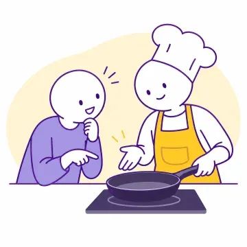 A chef explains a frying pan to a home cook