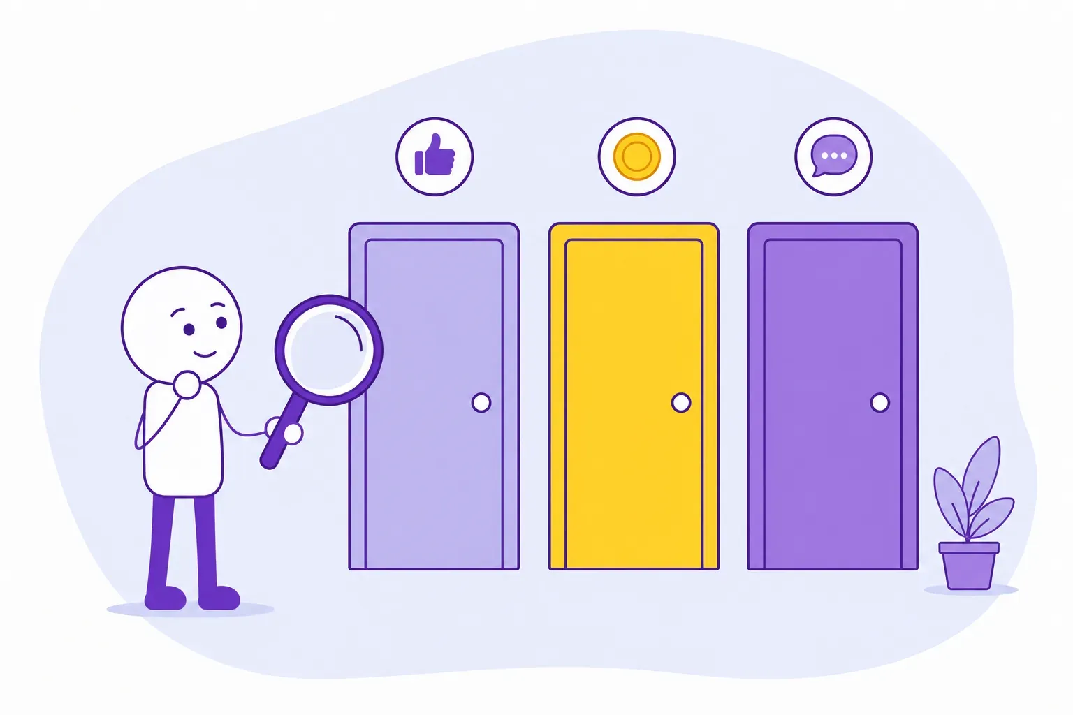 A client with a magnifying glass choosing between three agency doors