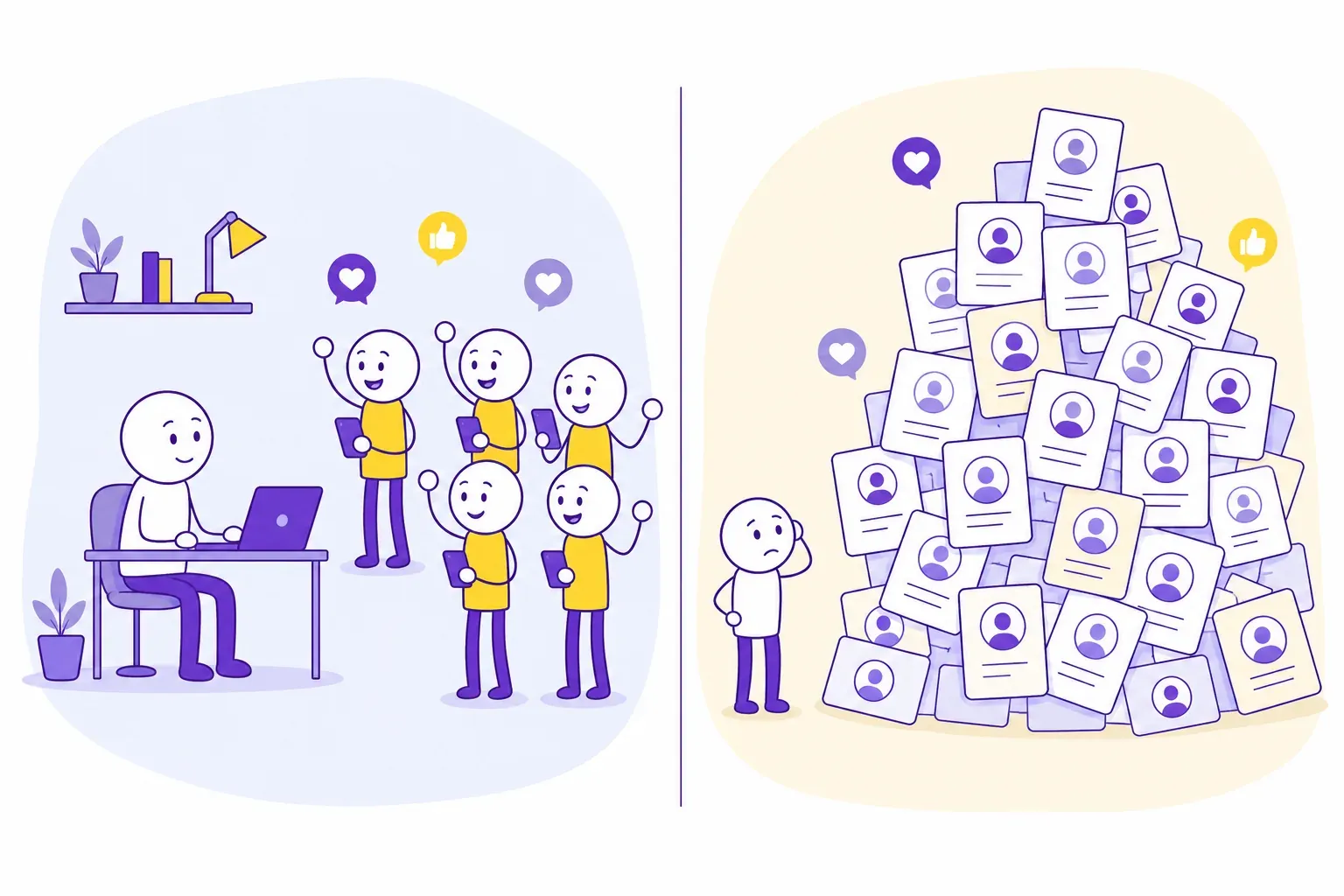 Left: a client messaging five influencers; right: a huge pile of fifteen hundred profiles