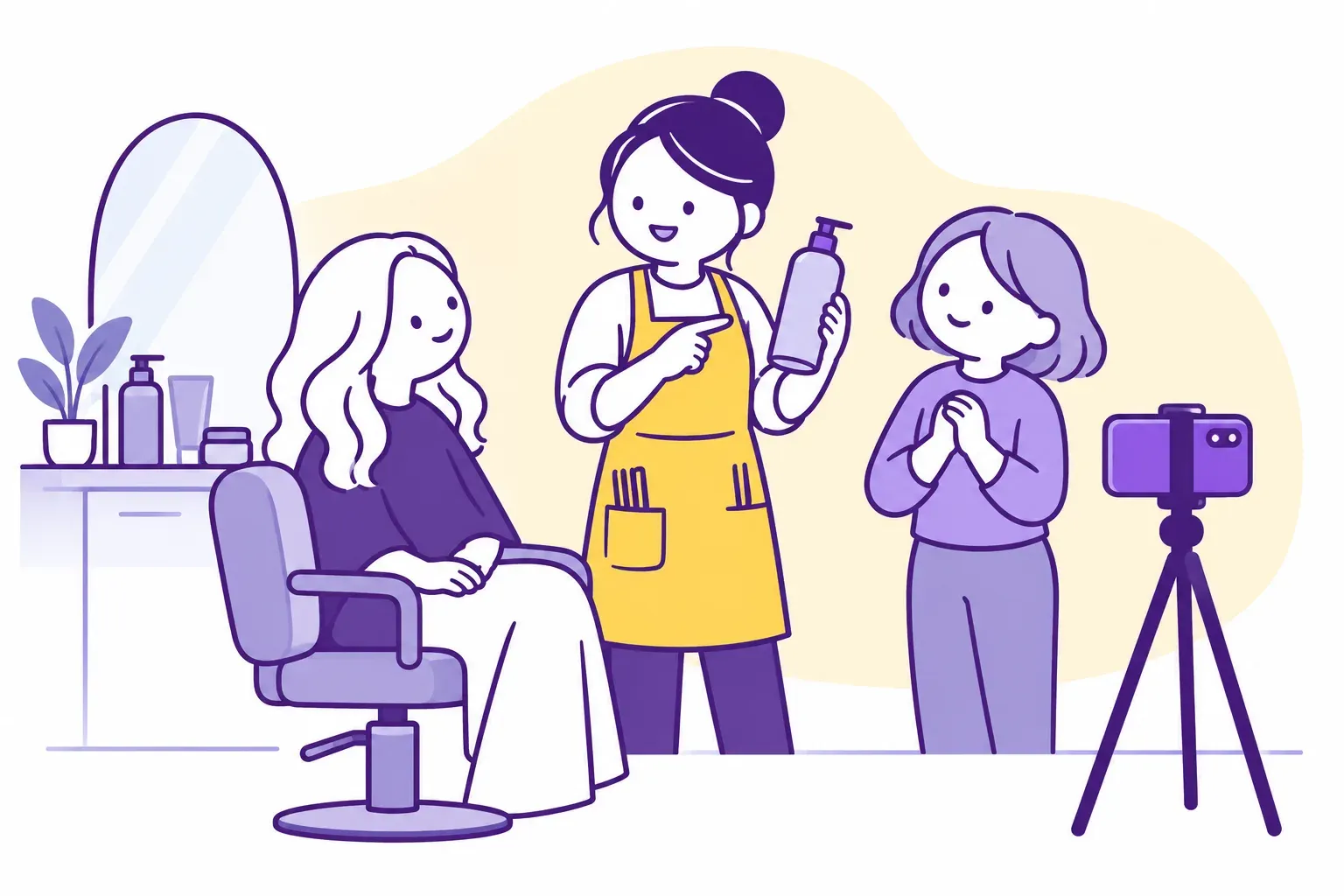 A hairdresser explains a hair care product to a client and a colleague while being filmed