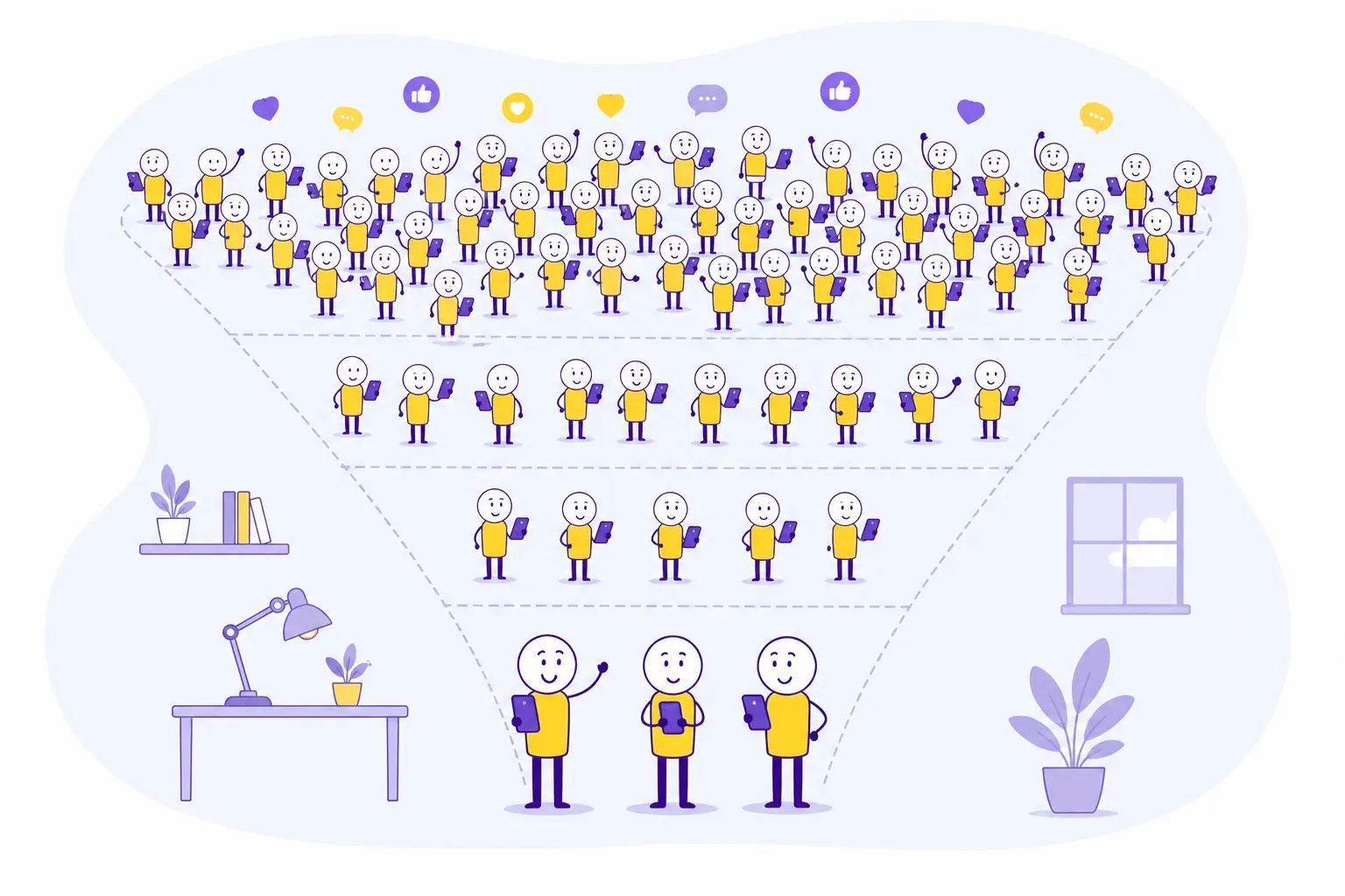 A funnel of influencers: a wide crowd at the top, a few who posted at the bottom