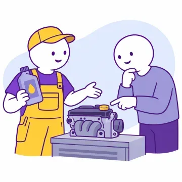 A mechanic explains motor oil to a car owner